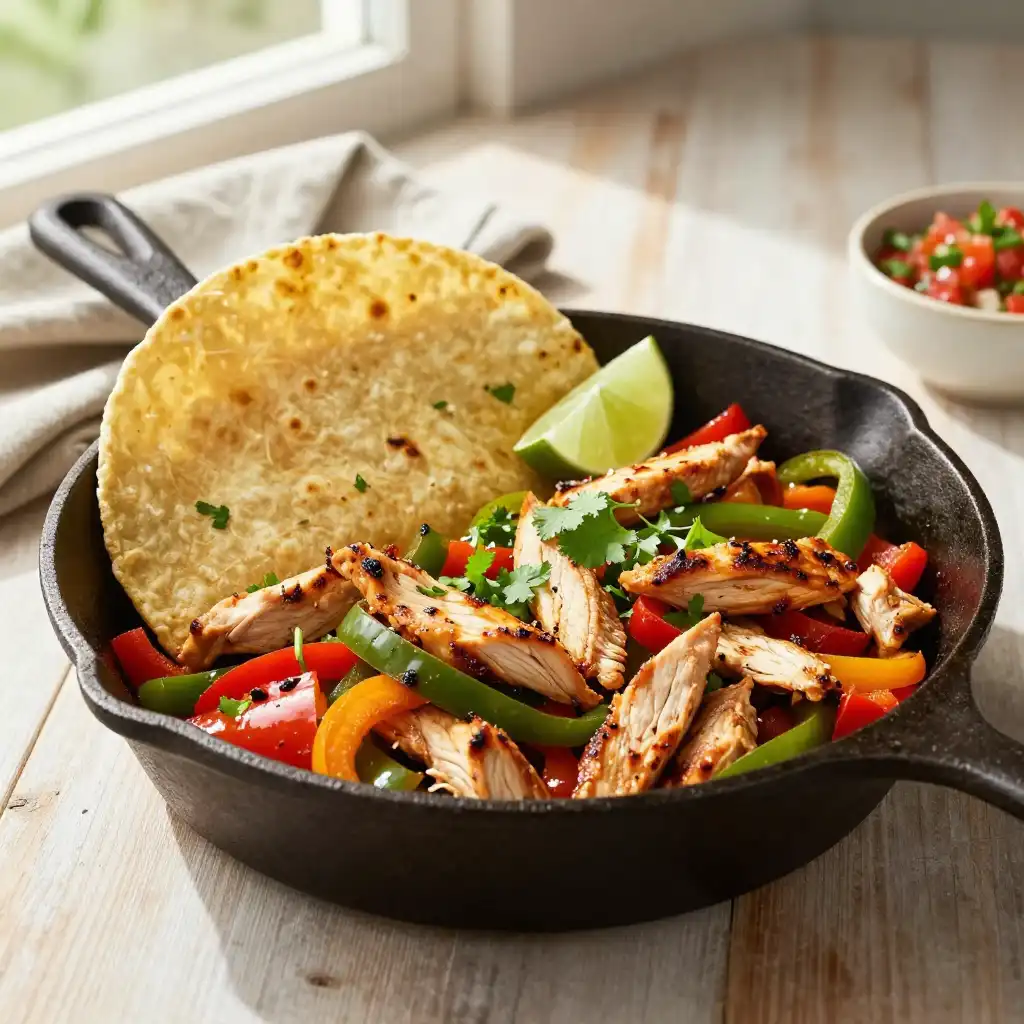 Easy Skillet Chicken and Bell Pepper Fajitas plated dish