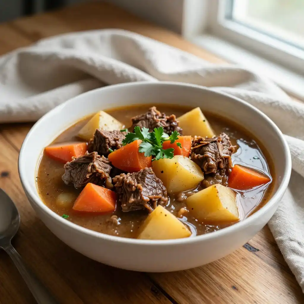 Easy Slow Cooker Beef Stew with Root Vegetables plated dish