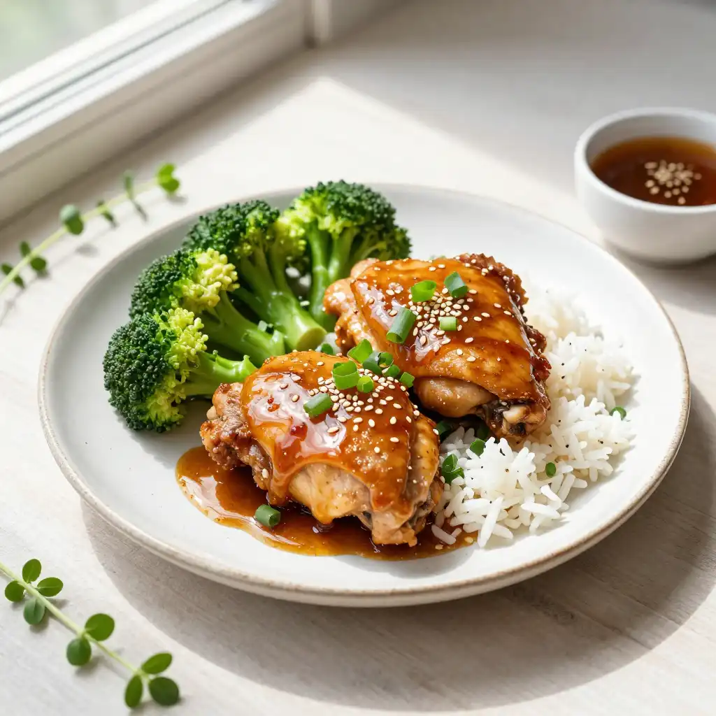 Easy Slow Cooker Honey Garlic Chicken Thighs Dinner plated dish
