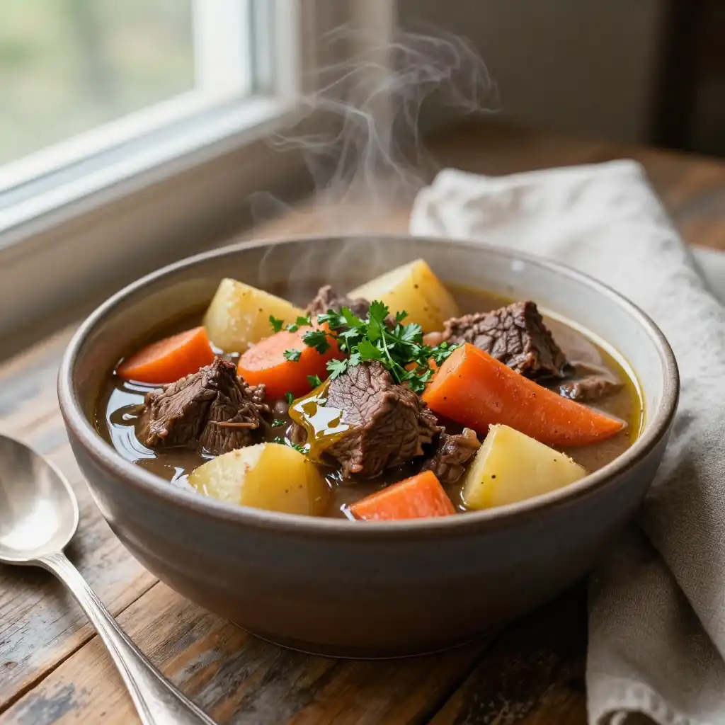 Easy Slow Cooker Tender Beef Stew with Root Vegetables plated dish