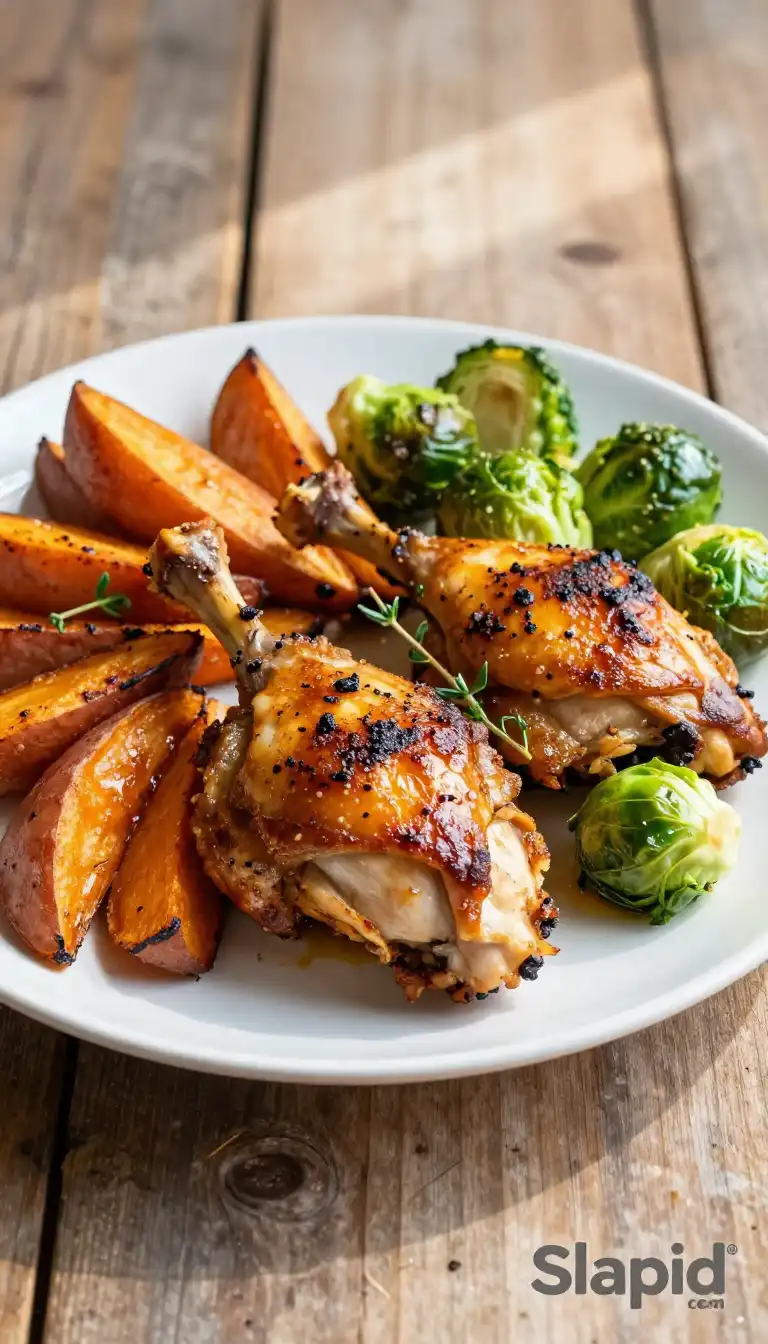 One-Pan Roasted Chicken Thighs with Sweet Potatoes and Brussels Sprouts - Chicken & Poultry Recipe | Slapid