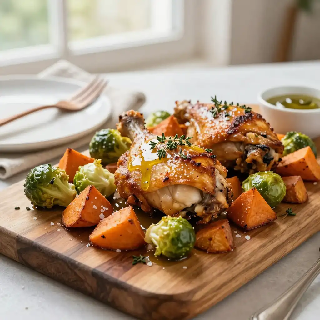 One-Pan Roasted Chicken Thighs with Sweet Potatoes and Brussels Sprouts plated dish