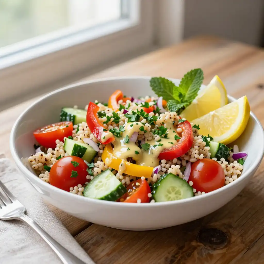 Refreshing Mediterranean Quinoa Salad with Lemon Herb Dressing plated dish
