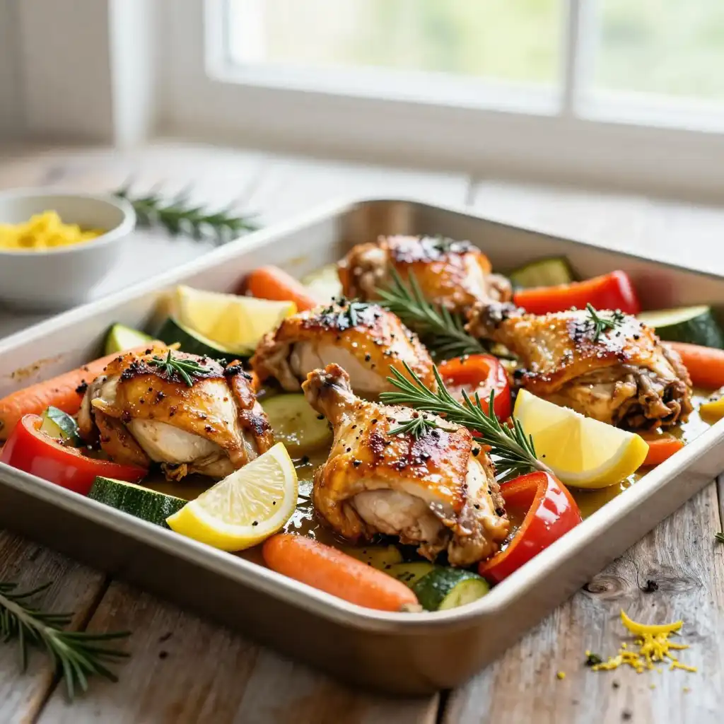 Sheet Pan Lemon Herb Roasted Chicken and Veggies plated dish