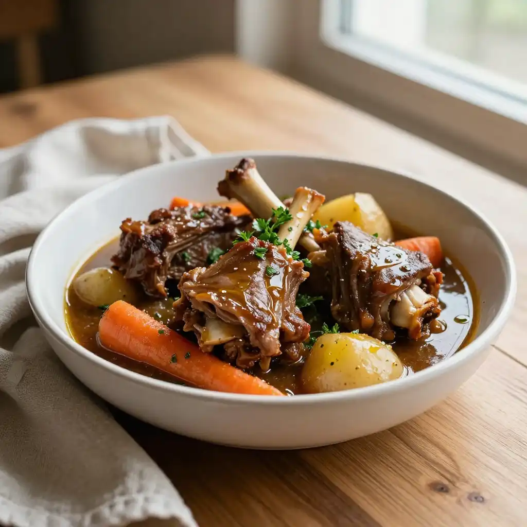Slow Cooker Lamb Shank Stew with Hearty Vegetables plated dish