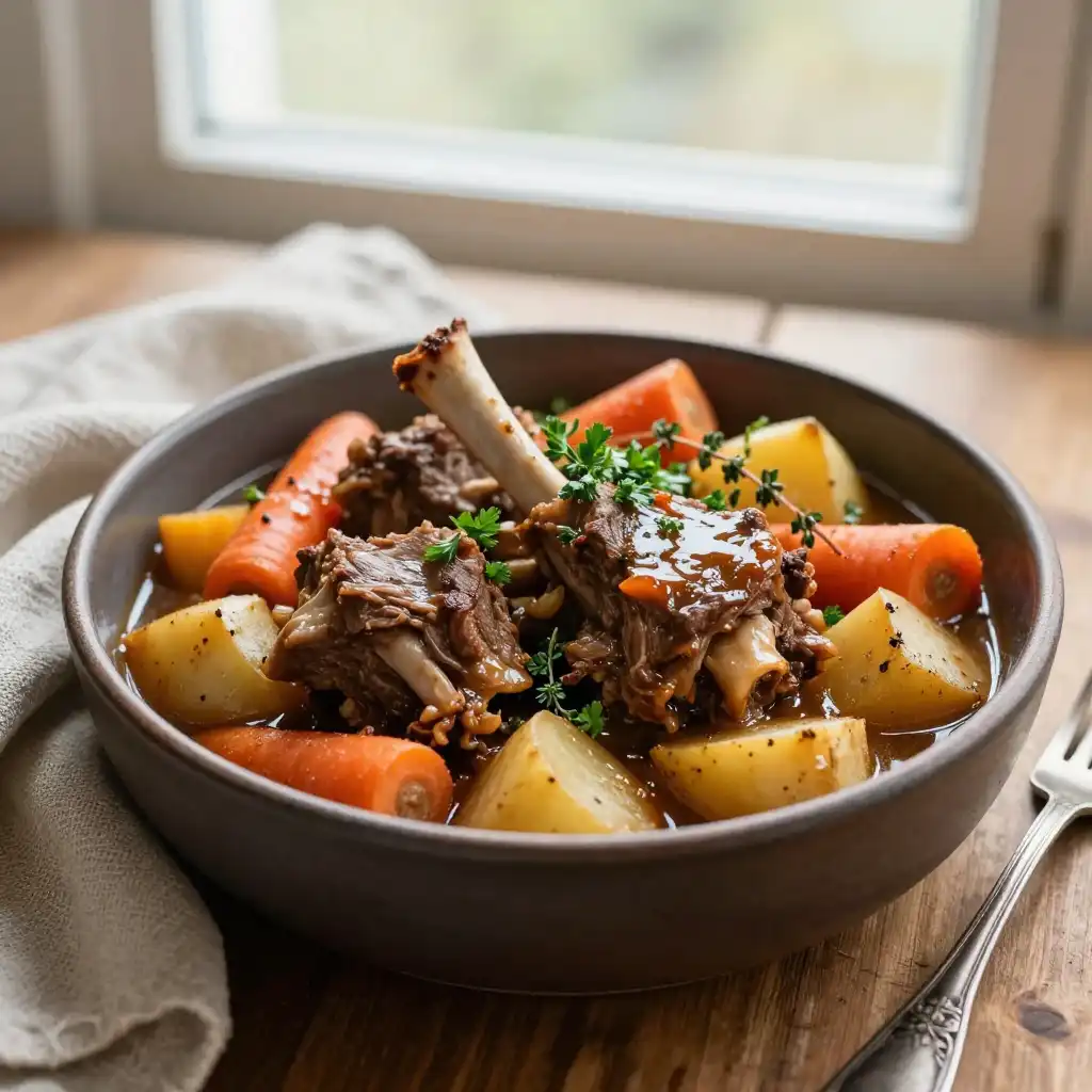 Slow Cooker Lamb Shank Stew with Root Vegetables plated dish