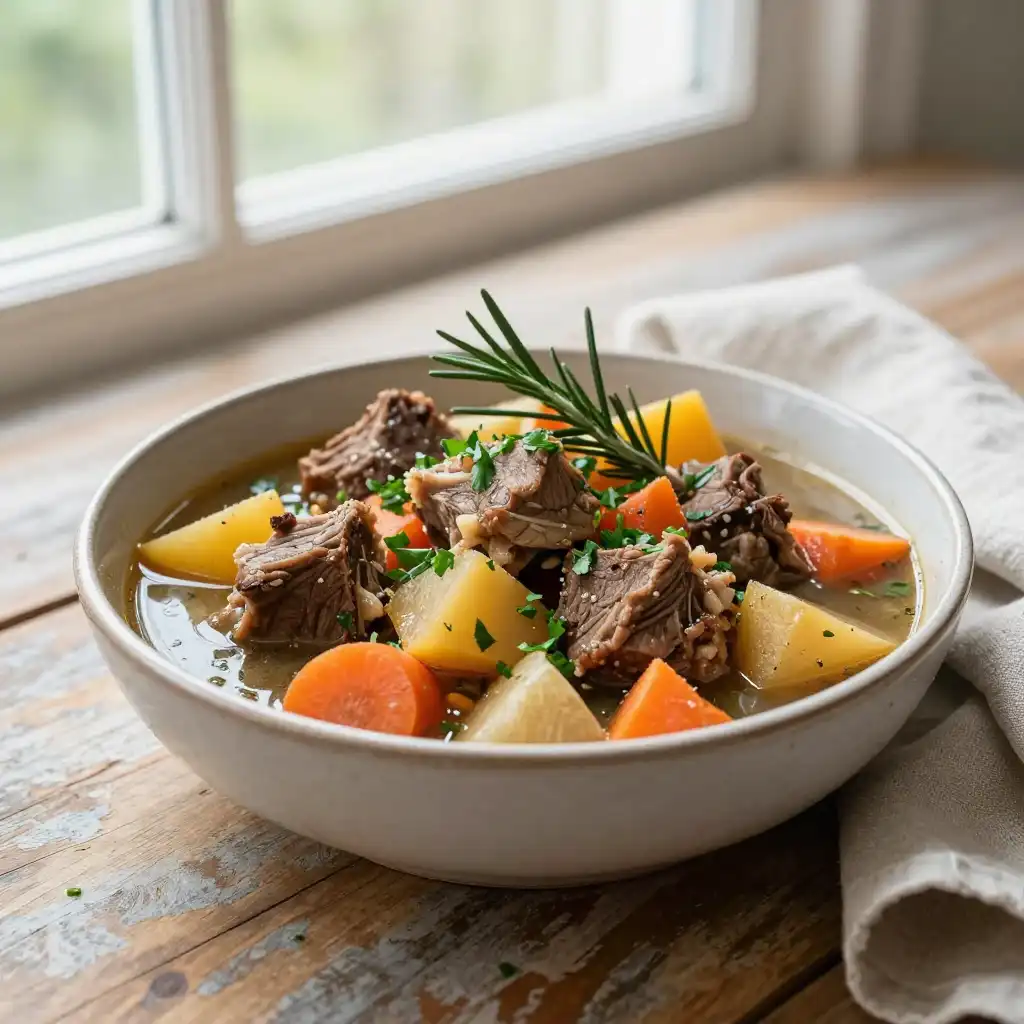 Slow Cooker Lamb Stew with Root Vegetables and Herbs plated dish