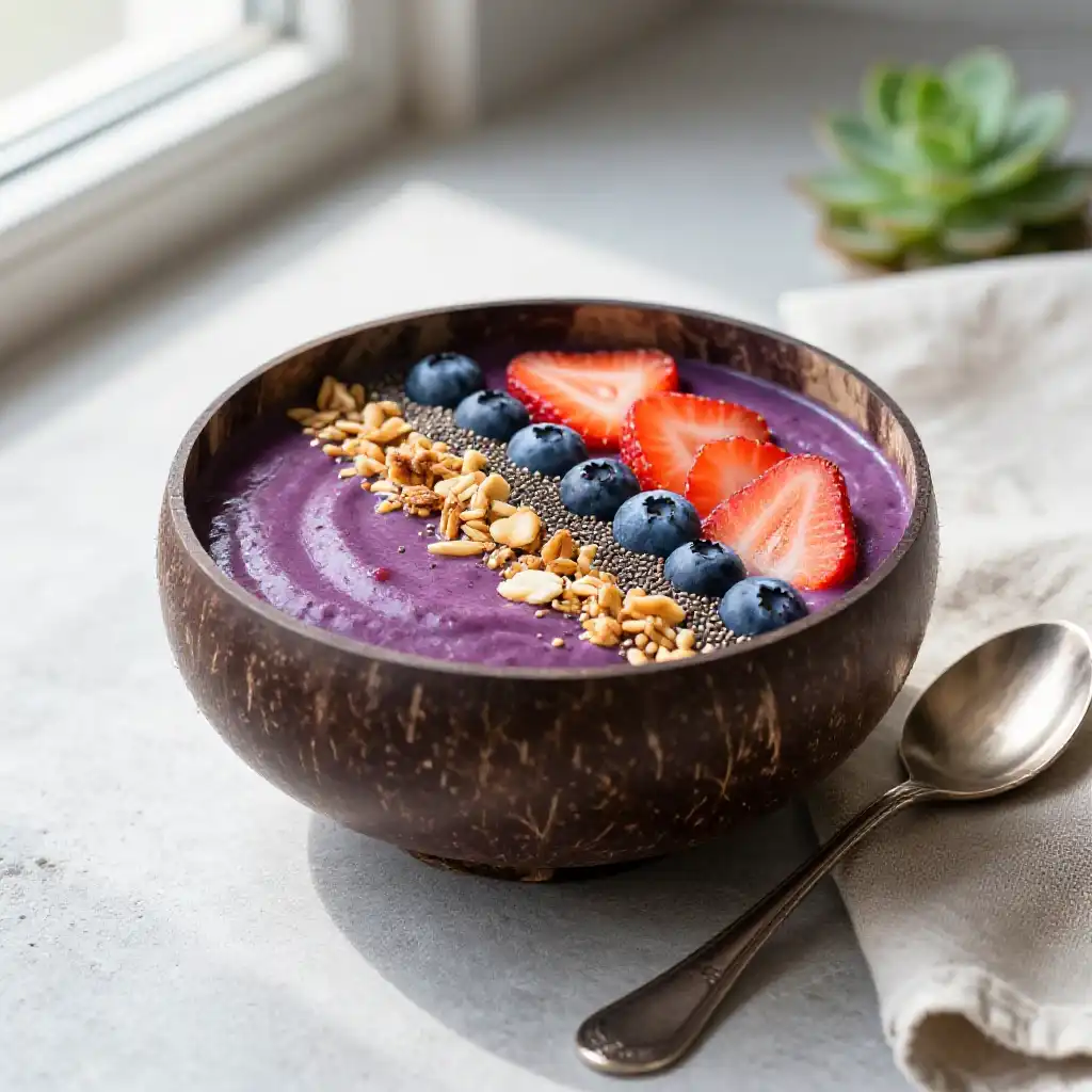 5-Ingredient Berry Açaí Smoothie Bowl with Granola Topping plated dish