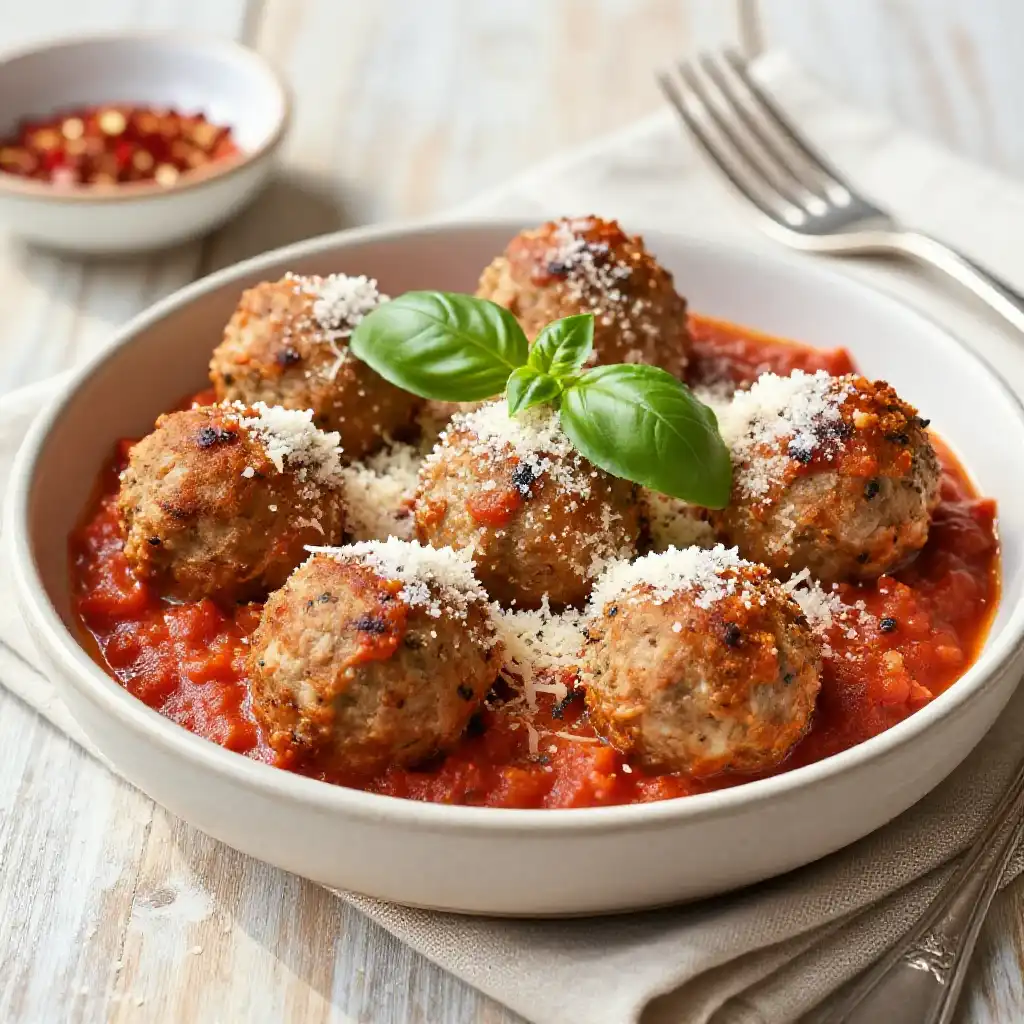 Air Fryer Beef Meatballs with Marinara Sauce plated dish