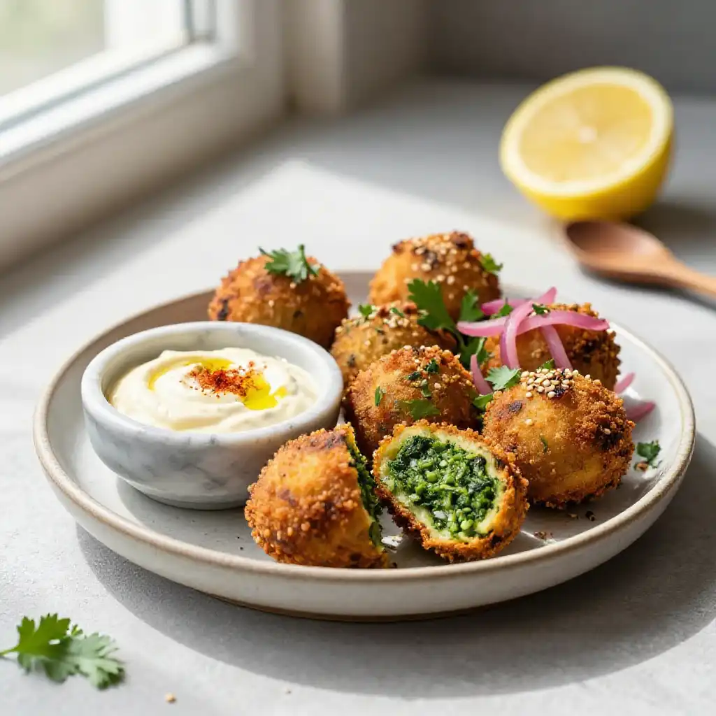 Air Fryer Falafel with Creamy Tahini Dressing plated dish
