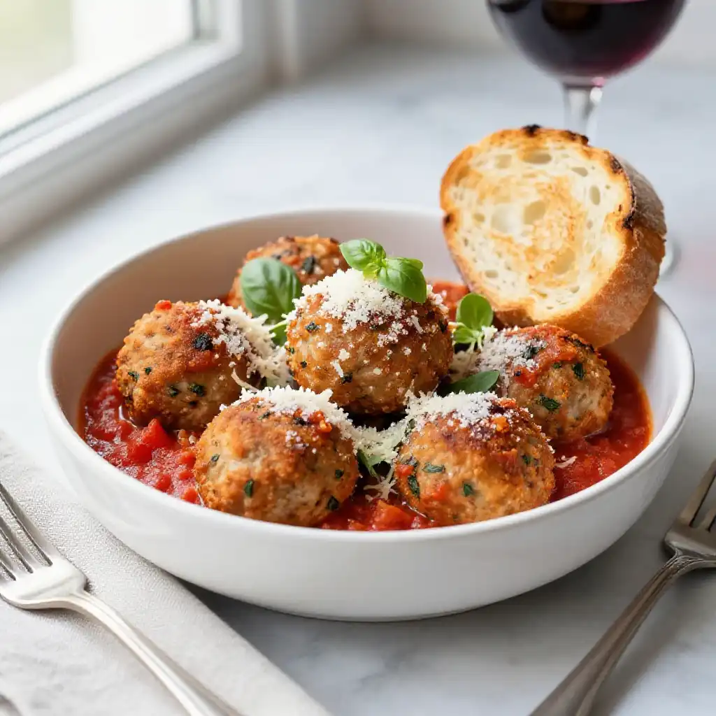 Air Fryer Turkey Meatballs with Marinara plated dish