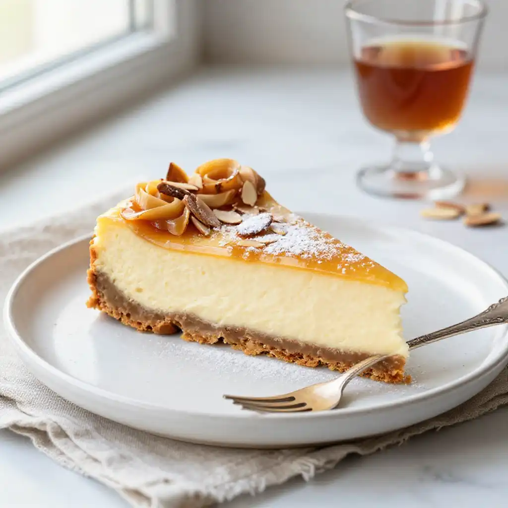 Almond Amaretto Style Cheesecake plated dish