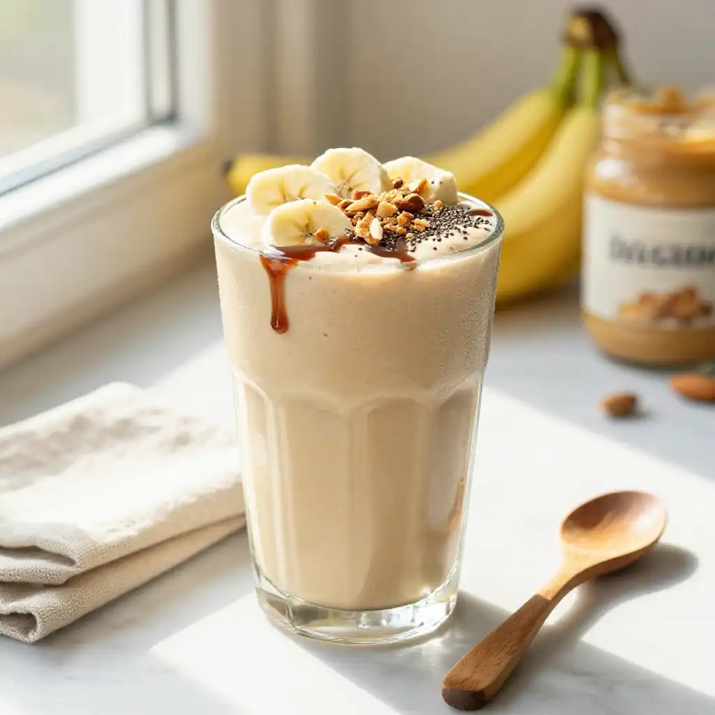 Almond Butter Banana Smoothie for Muscle Recovery plated dish