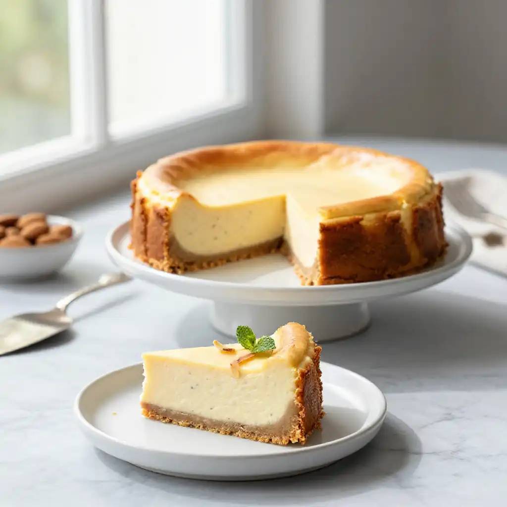 Almond Flour Crust Vanilla Cheesecake plated dish