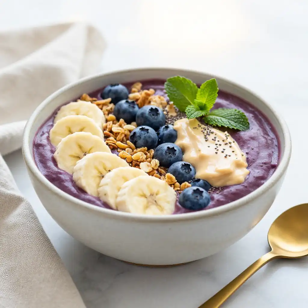 Açaí Berry Bowl with Almond Butter and Banana plated dish