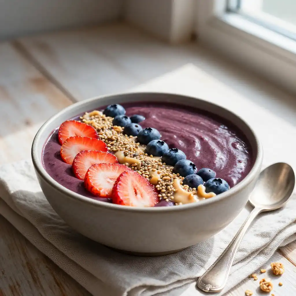 Açaí Strawberry Bowl for Antioxidant Breakfast plated dish