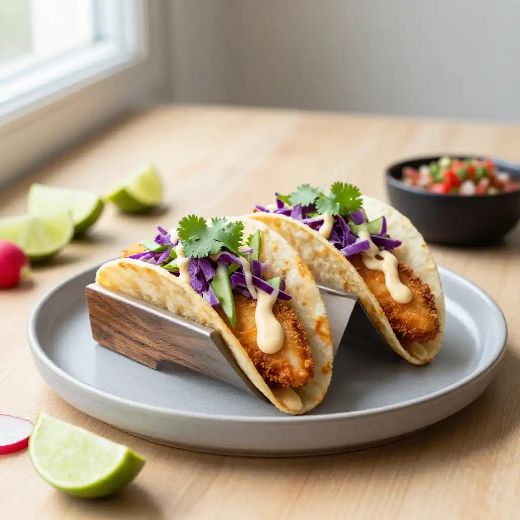Baja Fish Tacos with Creamy Lime Slaw plated dish