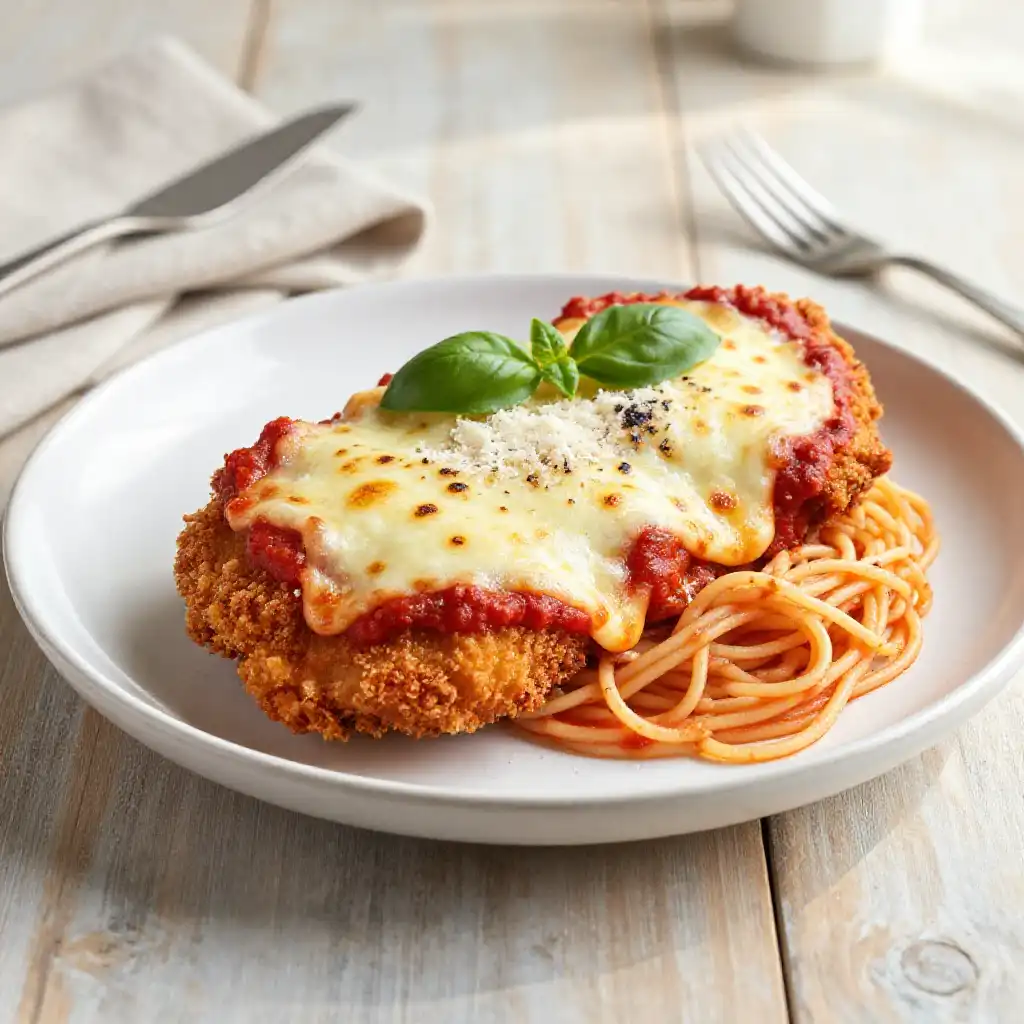 Baked Chicken Parmesan with Marinara and Mozzarella plated dish