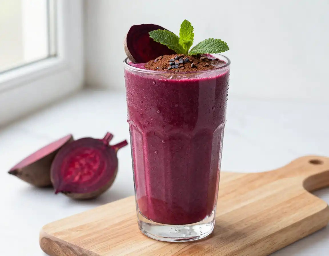 Beet Cocoa Smoothie for Blood Flow Boost plated dish