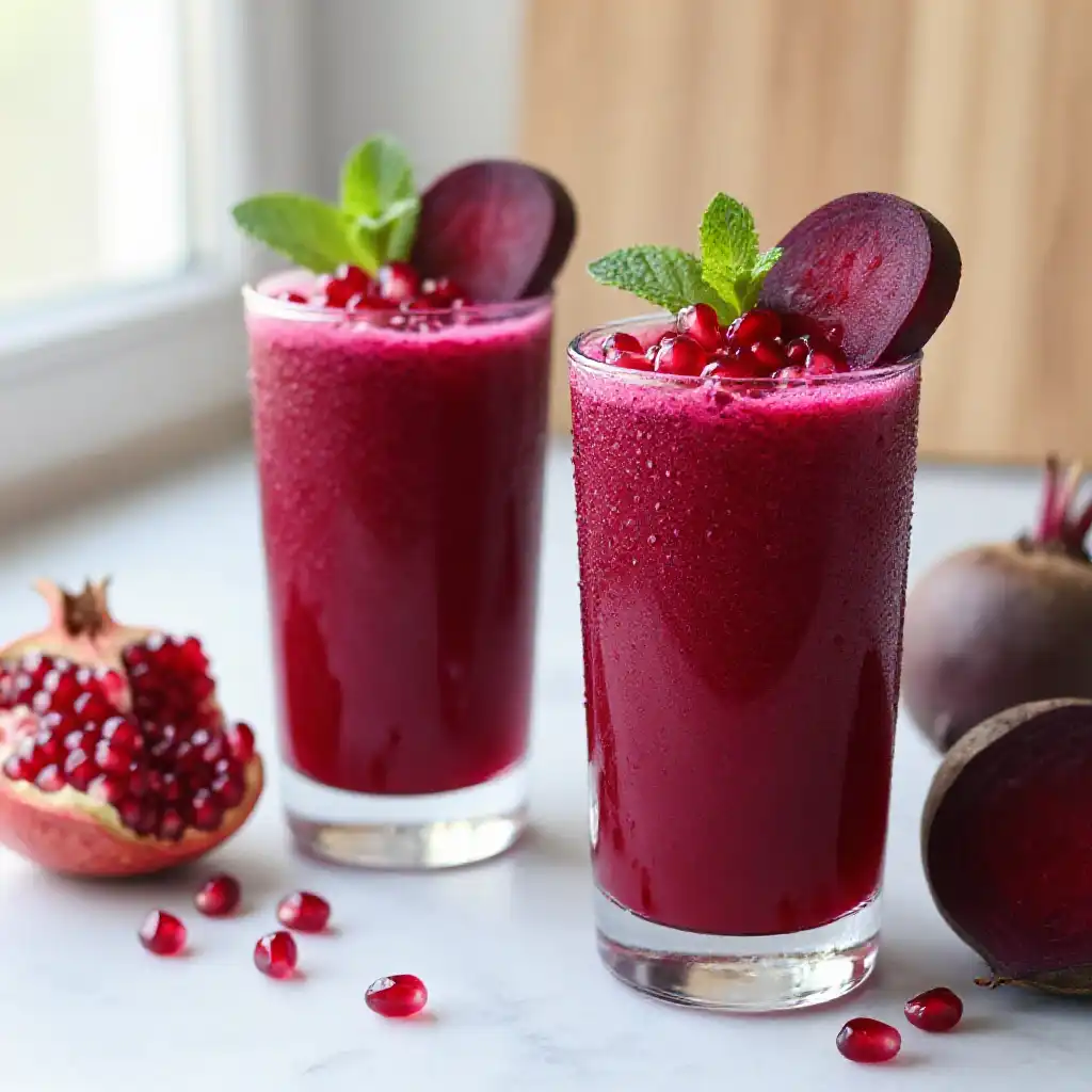 Beet Pomegranate Smoothie for Blood Flow plated dish