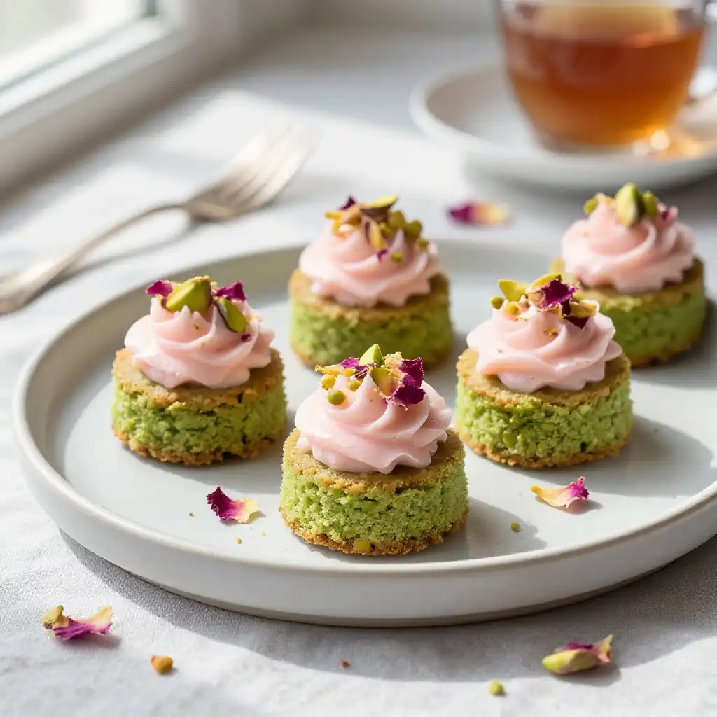 Bite-Sized Pistachio And Rose Cake plated dish