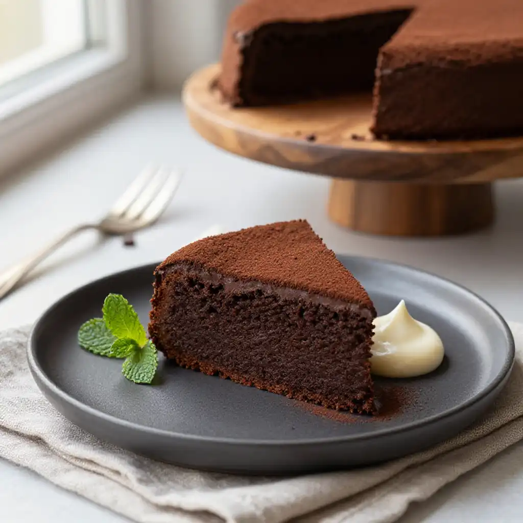 Bittersweet Chocolate Truffle Cake With Cocoa Dusting plated dish