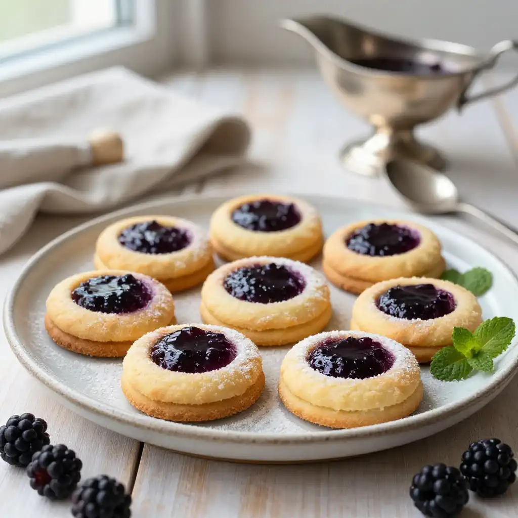 Buttery Blackberry Jam Thumbprint Cookies plated dish