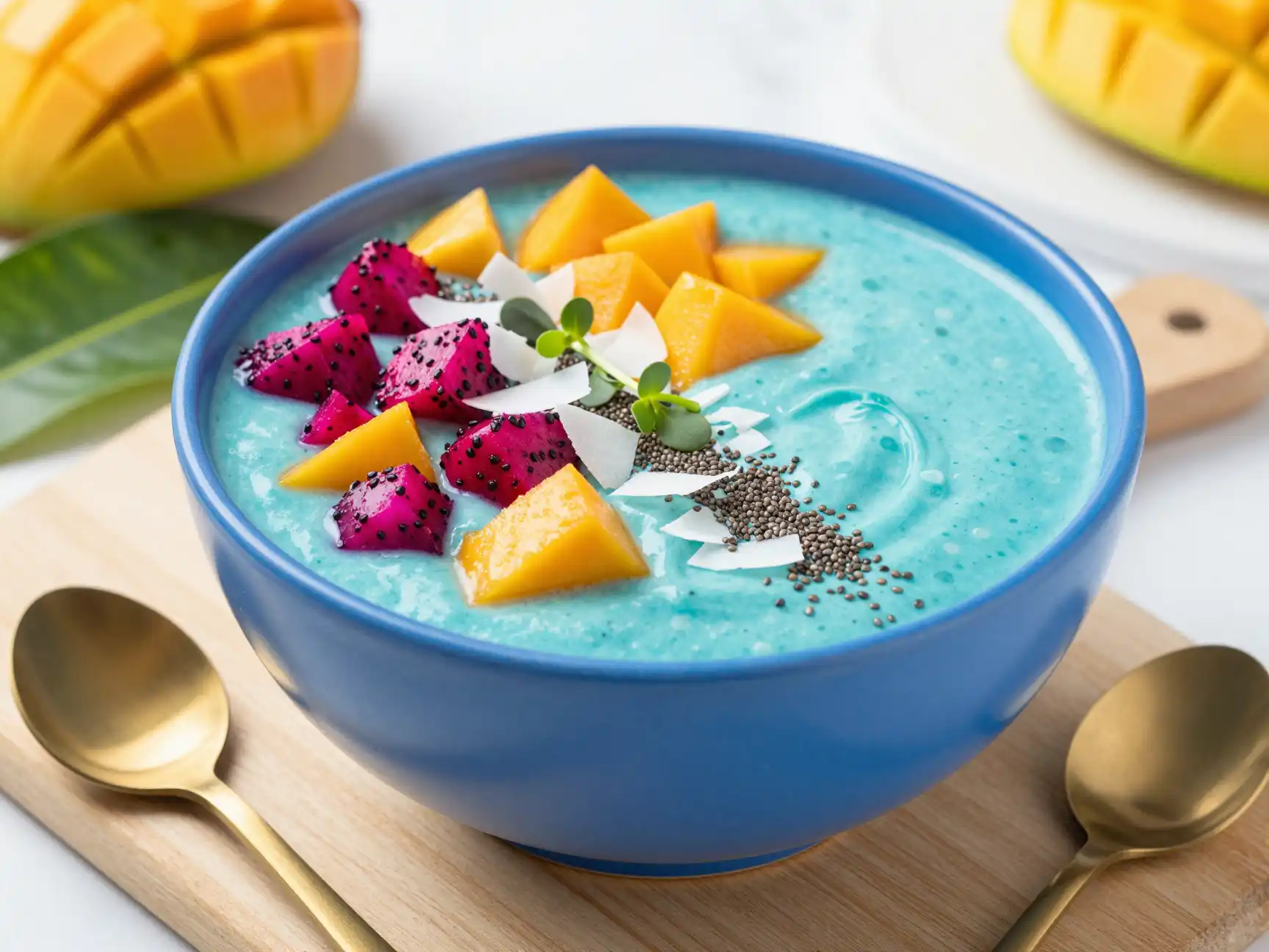 Blue Spirulina Mango Smoothie for Blue Bowl plated dish