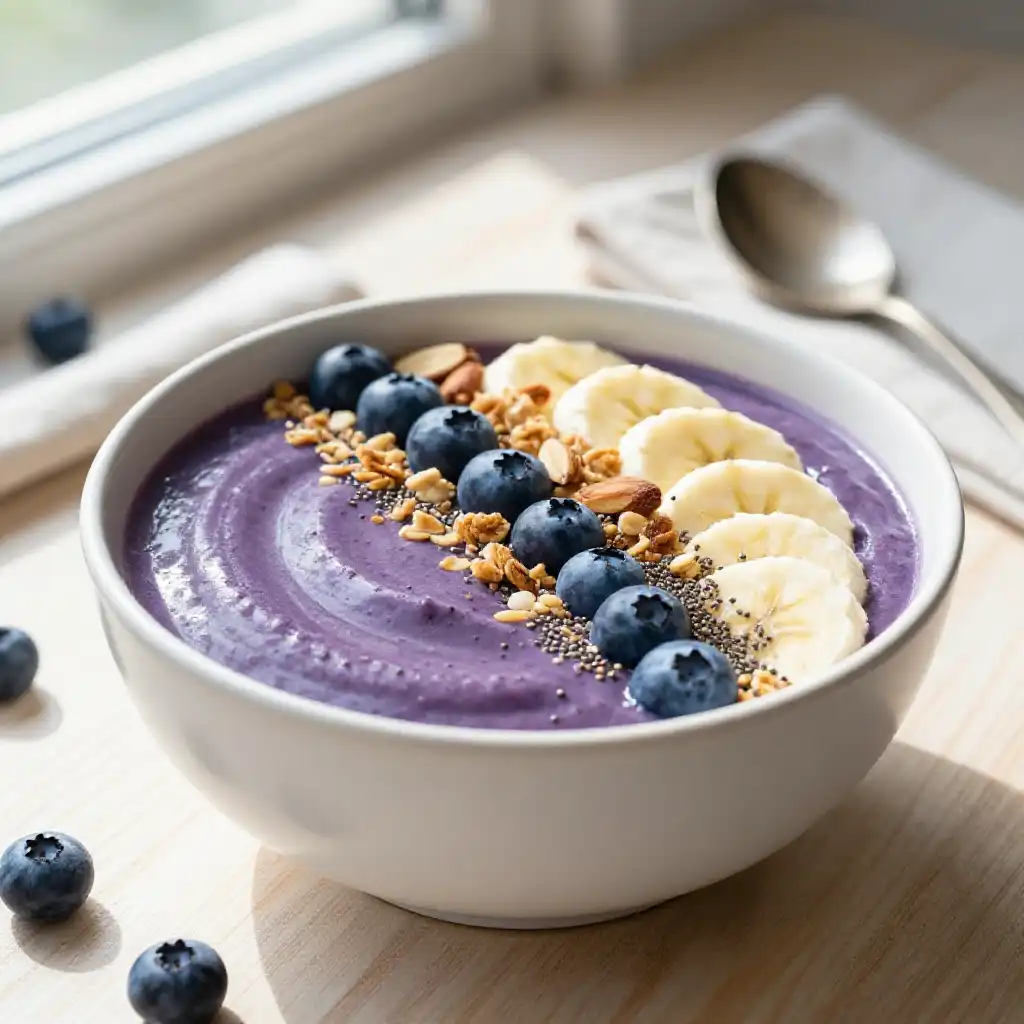 Blueberry Banana Smoothie Bowl with Granola plated dish