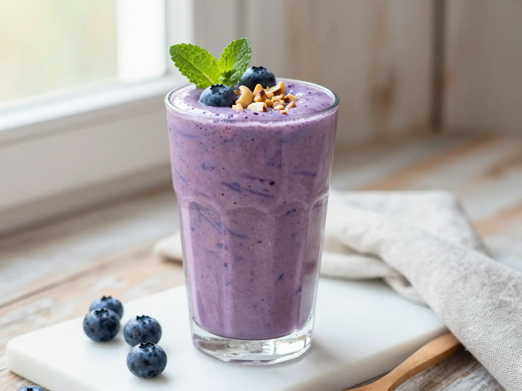 Creamy Blueberry Cashew Butter Smoothie plated dish