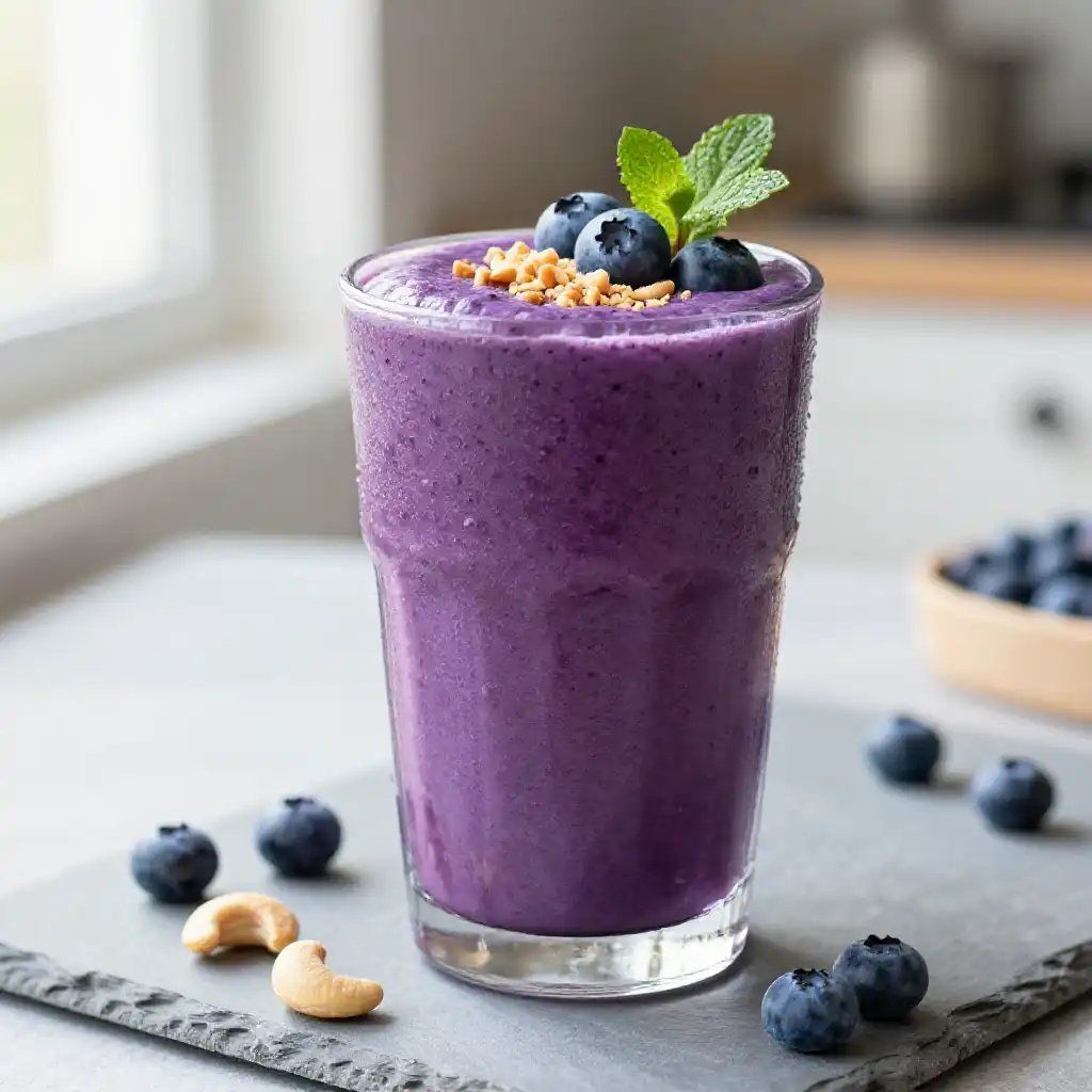 Blueberry Cashew Smoothie for Brain Health plated dish