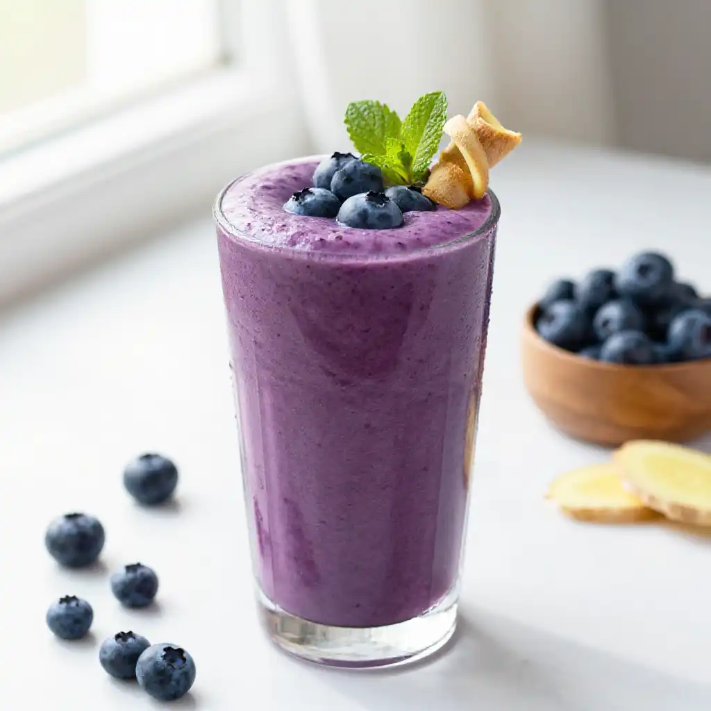 Blueberry Ginger Smoothie for Brain Fog Relief plated dish