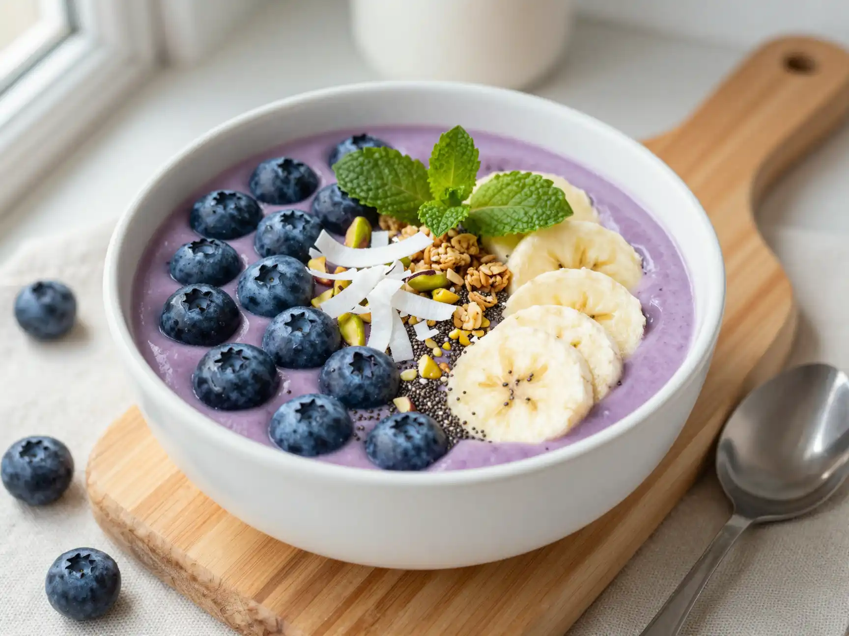 Blueberry Yogurt Smoothie Bowl for Breakfast plated dish