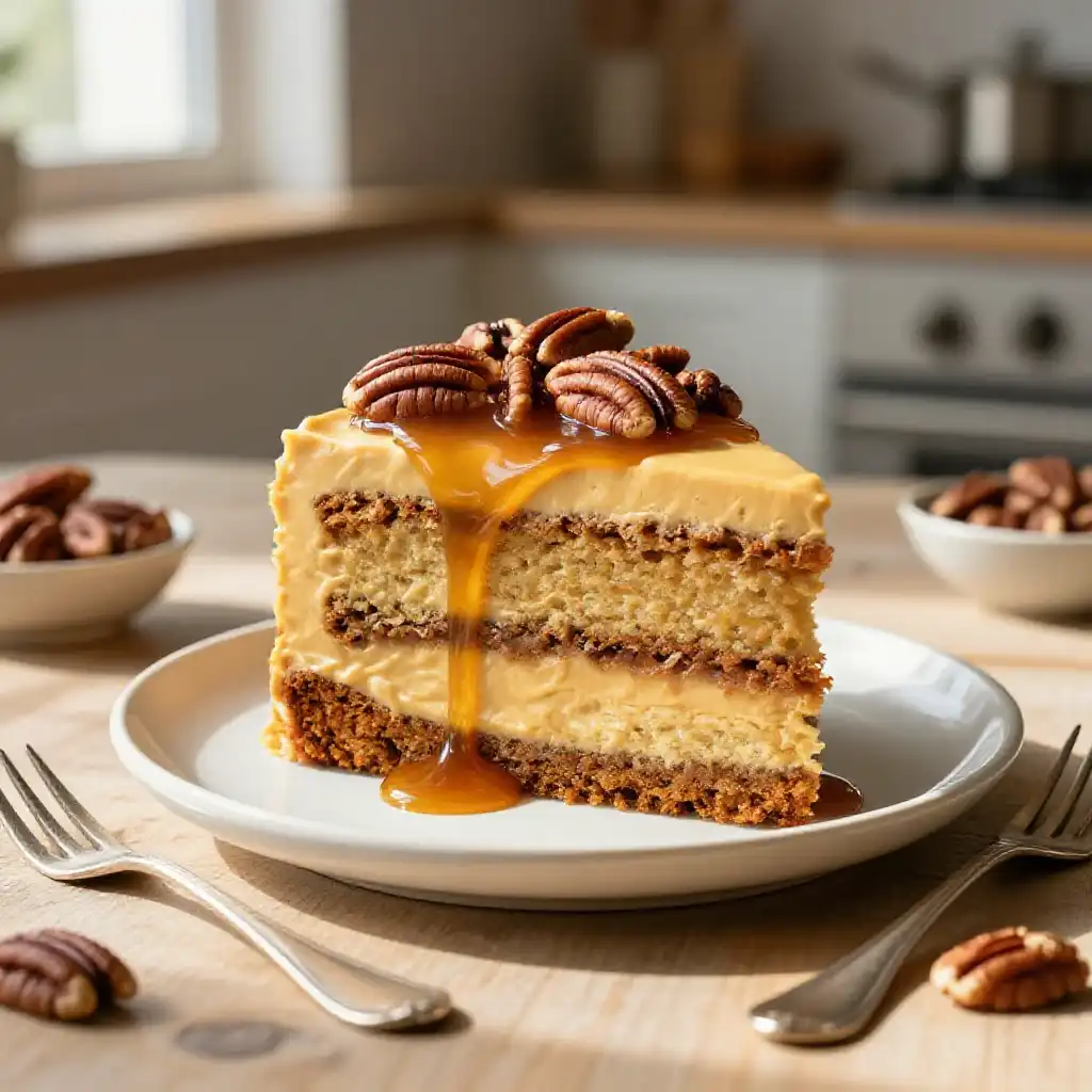 Butterscotch and Toasted Pecan Cake plated dish