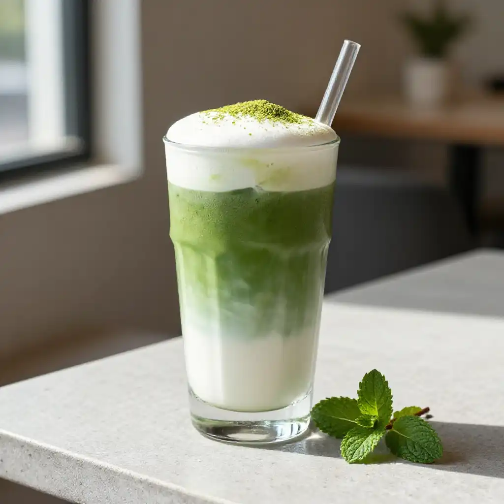 Cafe-Style Iced Matcha Latte Smoothie with Oat Milk plated dish