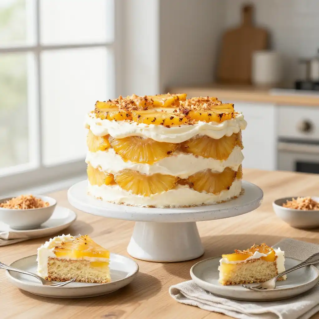 Caramelized Pineapple and Coconut Layer Cake plated dish