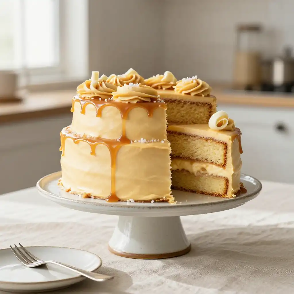 Caramelized White Chocolate Layer Cake plated dish