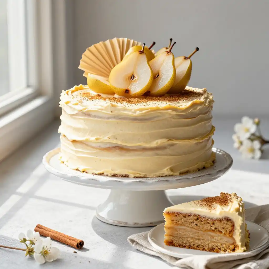 Cardamom and Spiced Pear Layer Cake plated dish