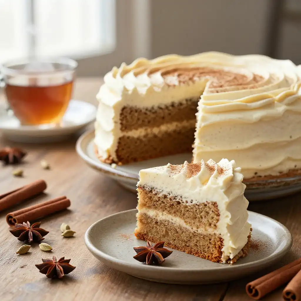 Chai Latte Spiced Cake With Vanilla Bean Frosting plated dish