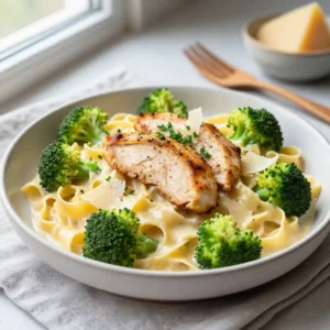 Creamy Chicken Alfredo Pasta with Roasted Broccoli