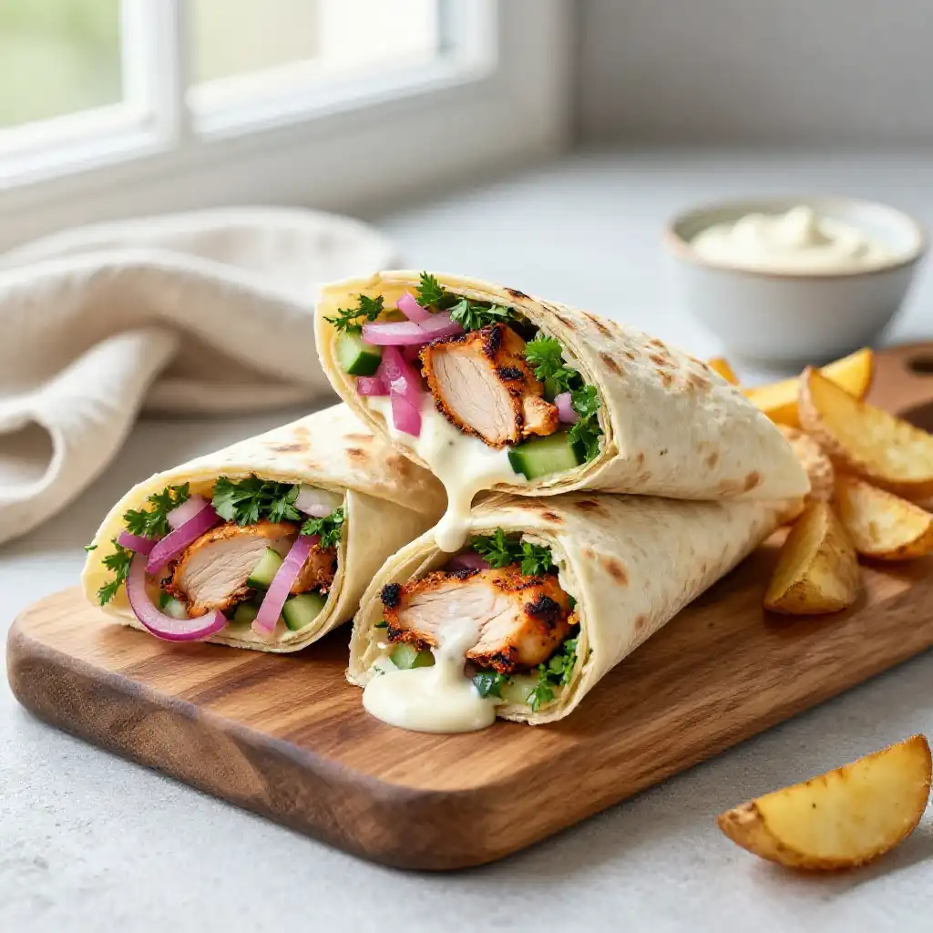 Chicken Shawarma Wraps with Garlic Tahini Sauce plated dish