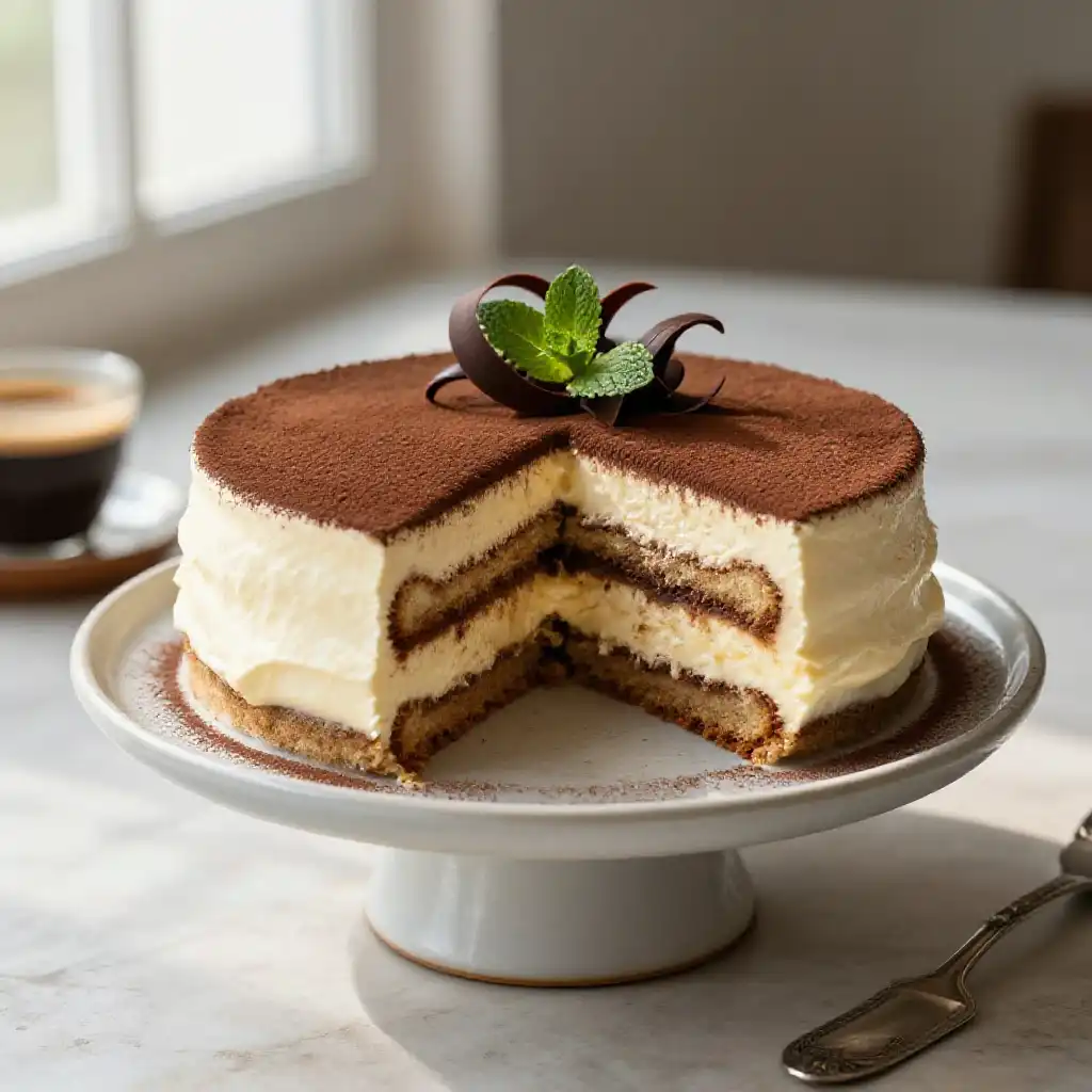 Chilled Tiramisu Inspired Layer Cake plated dish
