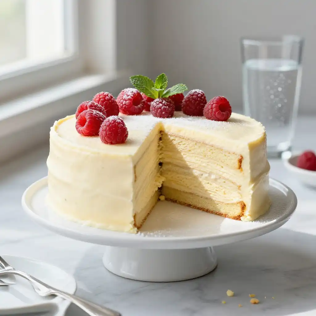 Chilled Vanilla Bavarian Layer Cake plated dish