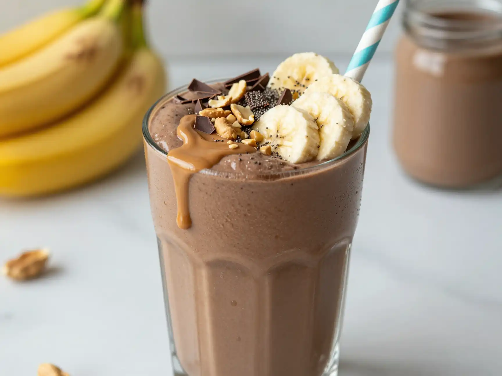 Chocolate Peanut Butter Protein Smoothie plated dish