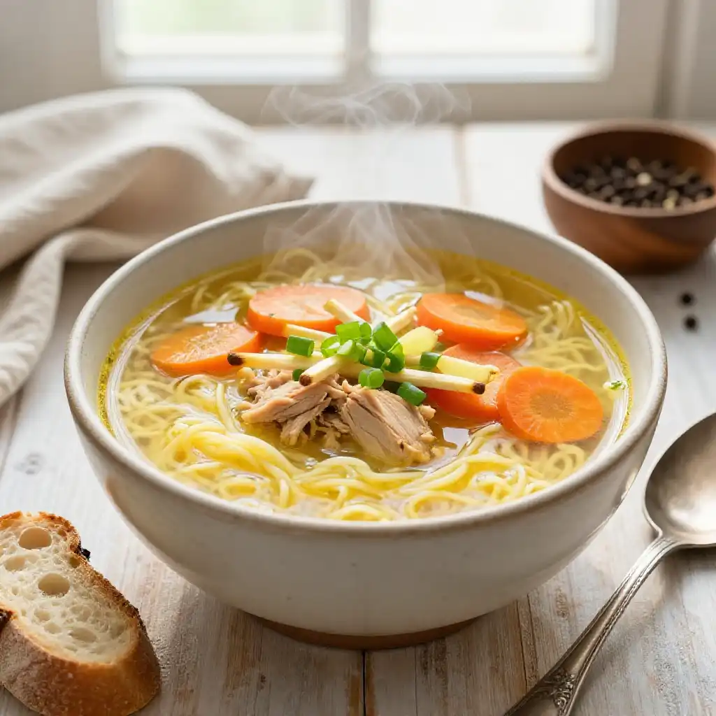 Classic Chicken Noodle Soup with Fresh Ginger plated dish