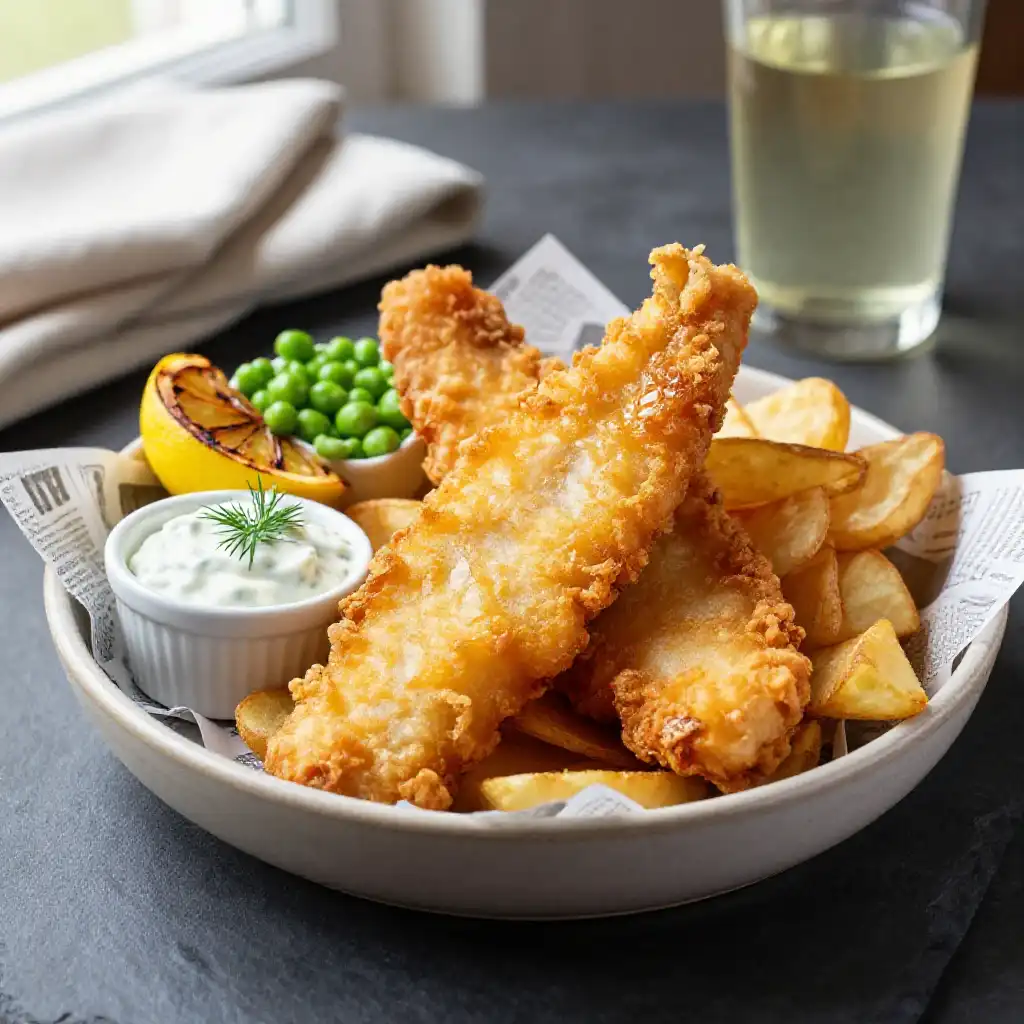 Classic Crispy Fish and Chips with Tangy Tartar Sauce plated dish