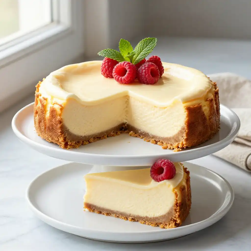 Classic Sour Cream Topped Cheesecake plated dish