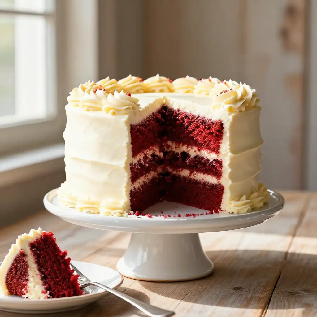 Classic Southern Red Velvet Cake With Cream Cheese Frosting plated dish