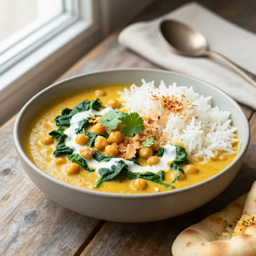 Coconut Chickpea Curry with Fresh Spinach plated dish