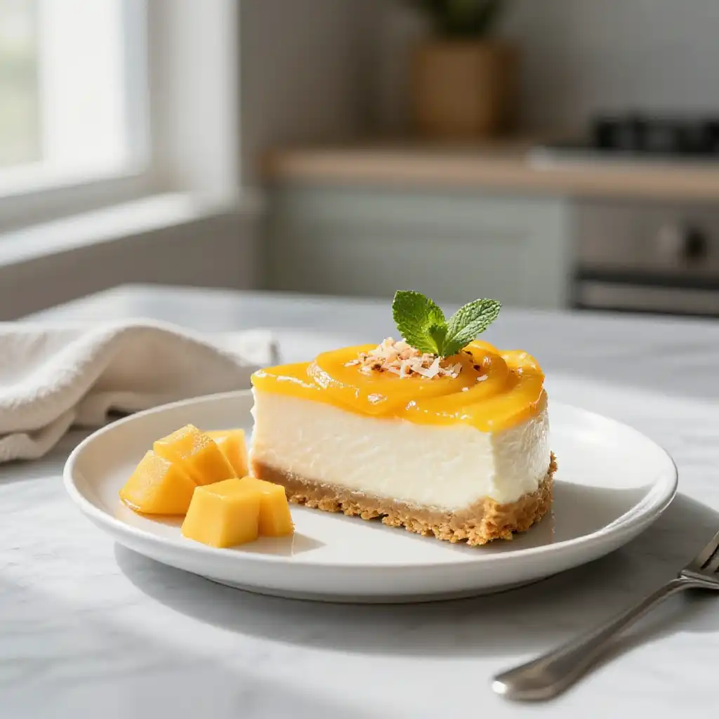 Coconut Cream and Mango Cheesecake plated dish